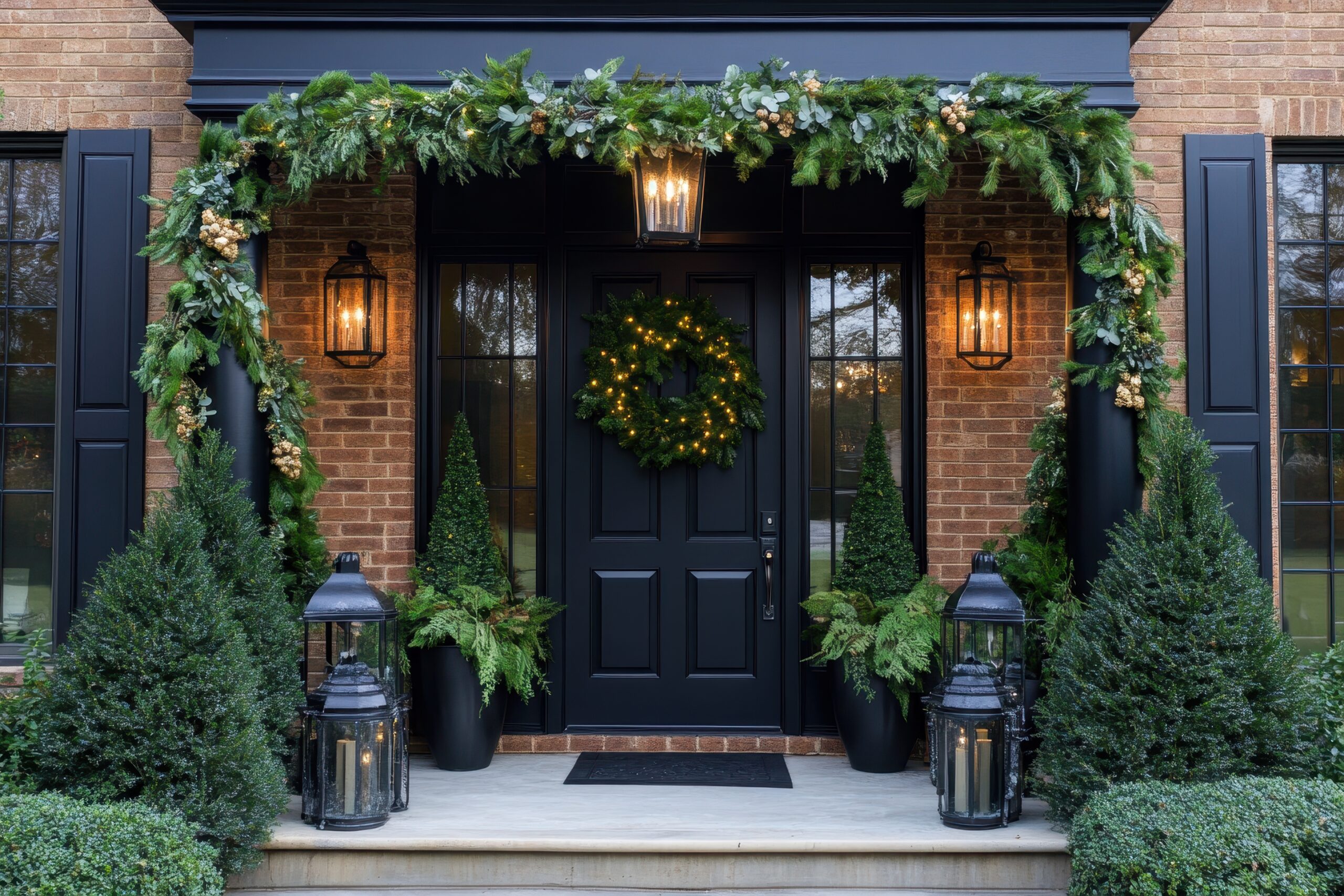 elegant christmas home entrance, adorned with garland, wreaths, and lanterns. perfect for holiday cards, real estate, or winter themes.